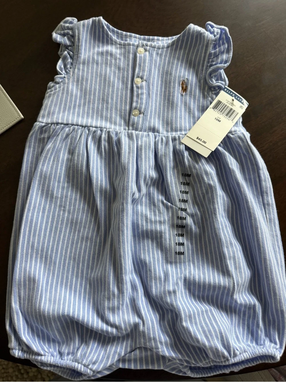 Ralph Lauren Light Blue & White Striped Baby Bubble Romper with Embroidered Pony